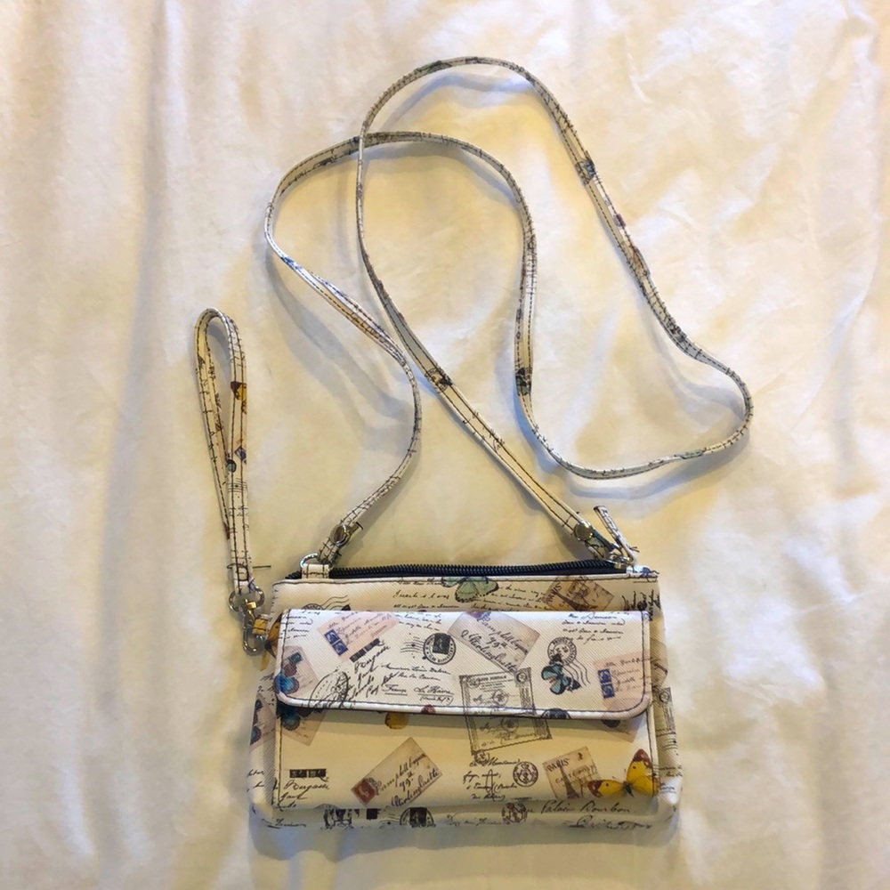 NWOT mini crossbody/clutch with card/id slots in antique butterfly postal design